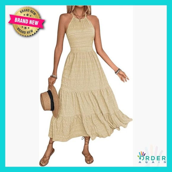 Dresses & Skirts - Halter Backless A-Line Maxi Dress Ruffle Hem Flowy Summer Boho Chic